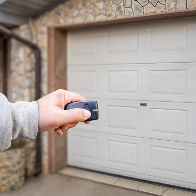 Joliet security key fob pointing to a garage door