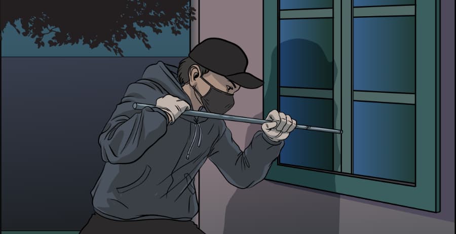 Illustration of burglar forcing entry through a window in Joliet